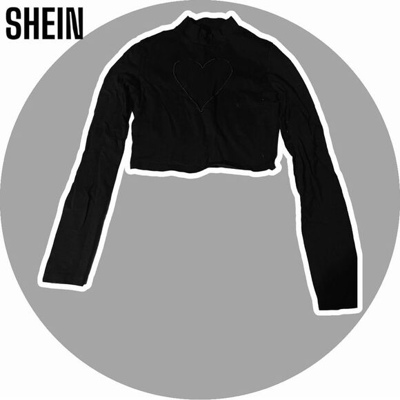SHEIN Sweetina Y2k Black Mock Neck Heart Mesh Insert Club Crop Tee - Picture 3 of 6